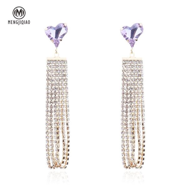 

MENGJIQIAO 2020 New Korean Luxury Crystal Heart Love Long Pendientes Mujer Moda Elegant Rhinestone Chain Tassel Earrings Party, Silver
