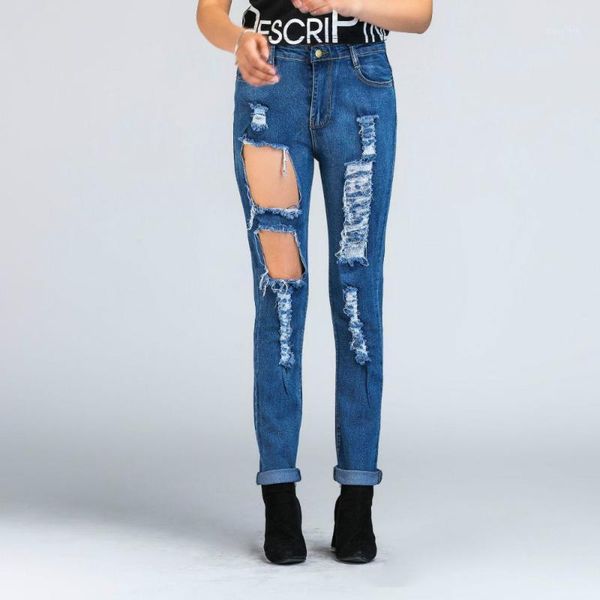 

women's fashion elastic cotton slim broken hole skinny jeans trousers pencil pants ripped jeans for women mom -2xl1, Blue