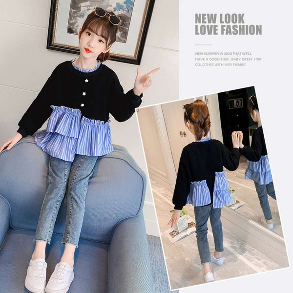 

2021 children's clothing spring stitched sweater 2020 new fashion girls' korean irregular base shirt, Black
