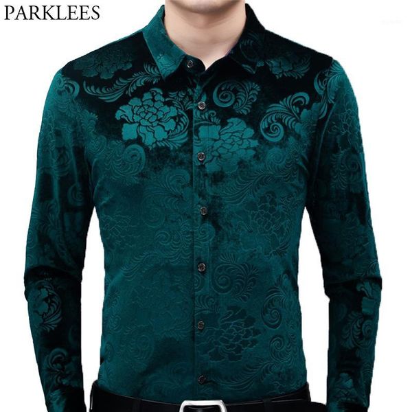 

mens green velvet floral dress shirts 2020 brand new slim fit long sleeve velour shirt men casual button down shirt male camisas1, White;black