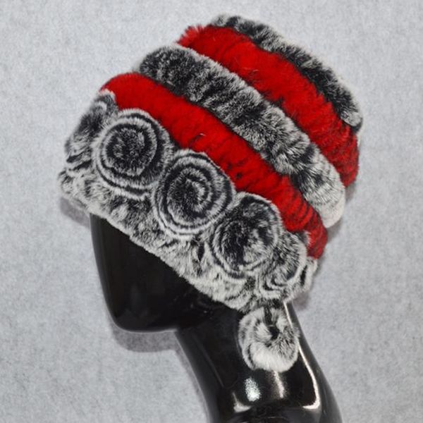 

winter women flowers striped natural real rex rabbit fur hats lady warm knit genuine fur caps russian outdoor fur hats wmtwvm