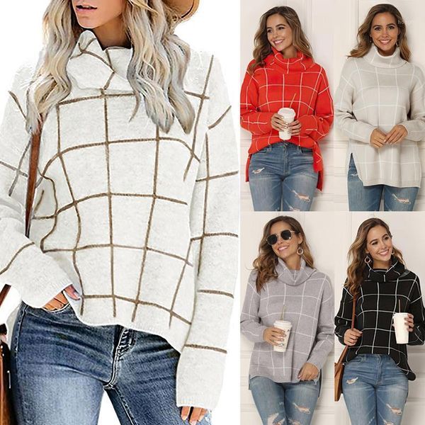 

women autumn turtleneck plaid casual knitted outerwear sweaters female winter warm pullover sweaters1, White;black