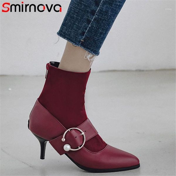 

boots smirnova 2021 arrival women ankle buckle zip autumn winter high heels pointed toe party wedding shoes woman1, Black