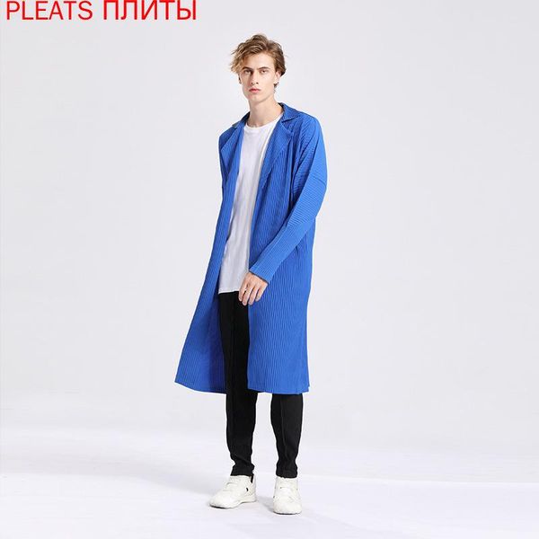 

miyake pleated windbreaker men's spring and autumn new mid long korean long sleeve cardigan lazy trench coat fashion, Tan;black