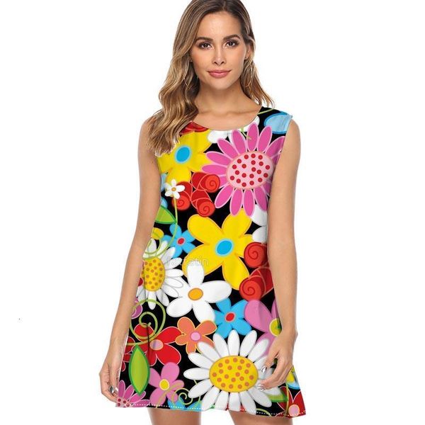 

women loose dress 2021 vintage camera flowers power garden boho beach dress vestidos sleeveless o neck summer mini chiffon dress, Black;gray