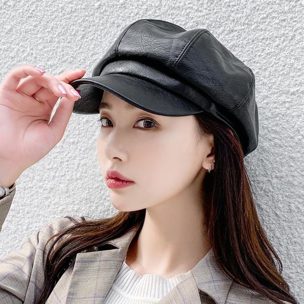 

fashion solid color octagonal cap hats female autumn winter leather panama stylish artist painter newsboy caps beret woman hat, Blue;gray
