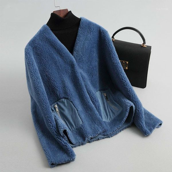 

real fur coat female autumn winter jacket women clothes 2020 korean vintage sheep shearling fur short manteau femme zt43741, Black