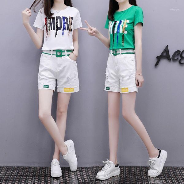 

2020 summer cotton women's track-suit clothes set 2 piece sequin harajuku letter + white jeans shorts pants outfit suit 3xl1, Gray