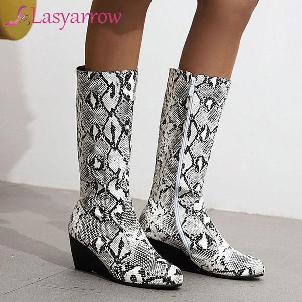 

sgesvier winter warm mid calf boots snake round toe wedge heel pu zipper serpentine big size 34-43 yellow coffee work shoes1, Black