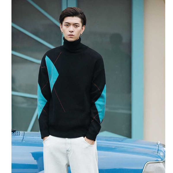 

men's sweaters autumn winter sweater men high neck fashion clothes color matching male simple casual knitted long sleeve pullover, White;black