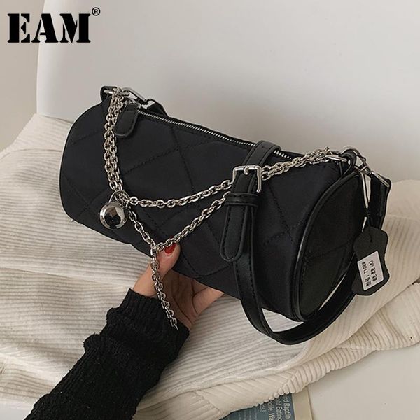

shoulder bags [eam] women black argyle chains barrel-shaped oxford personality all-match crossbody bag fashion tide 2021 18a1273