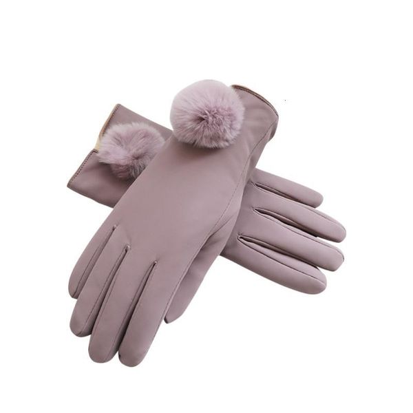 

ladies'furry pu leather gloves pom pom beanies warm glove five fingers mittens solid winter gloves women guantes mujer invierno, Blue;gray