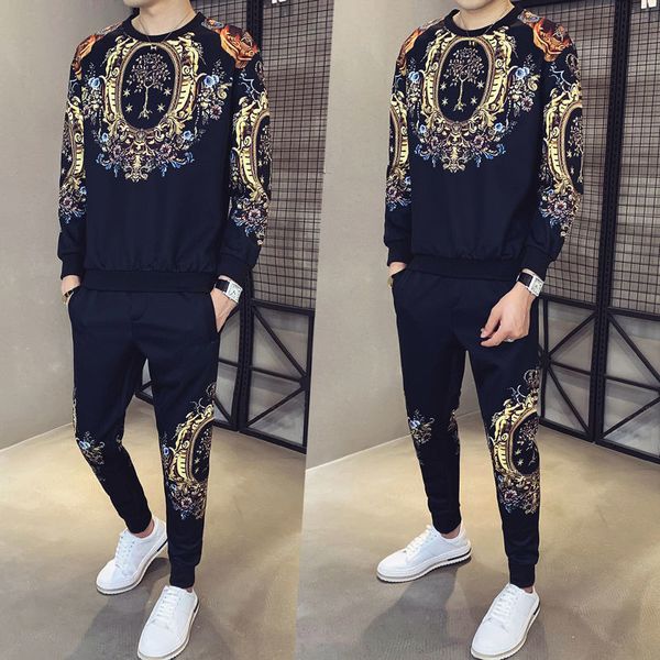 

new autumn sweater digital printing pullover long sleeve loose trendy all-match sweat suit two piece set men 201124, Gray
