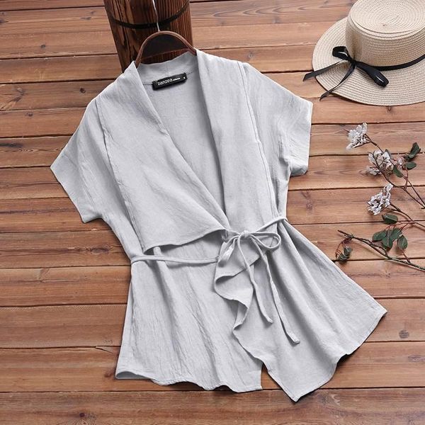 

zanzea summer short sleeve women's asymmetrical blouse 2020 lapel neck tunic casual lace up shirt femininas blusas plus size1, White