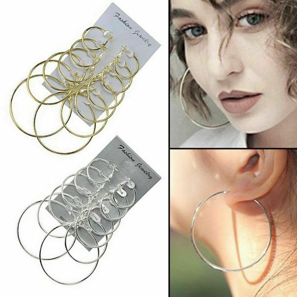 

6 pairs gold plate smooth round big hoop sleeper earrings ladies fashion jewelry wedding dangle earrings, Golden;silver