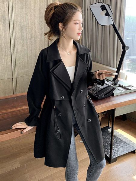 

trench coat women's long section small korean version loose loose net red suit collar waist casual retro1, Tan;black