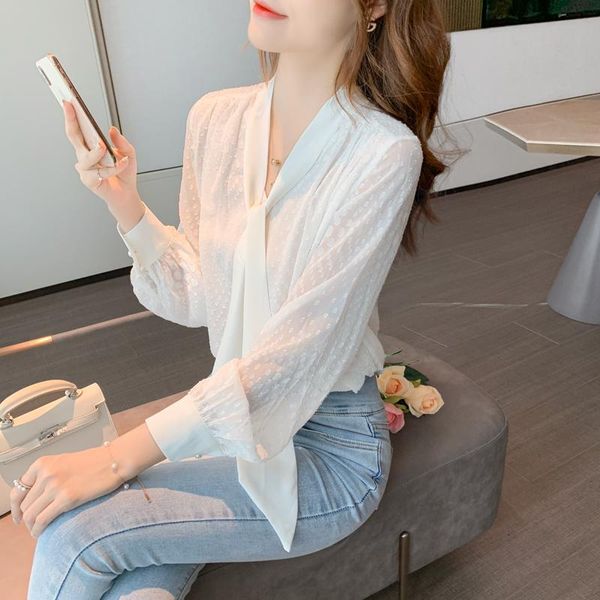

woman good quality feminina women's vintage blouse fashion clothes 2021 spring white chiffon shirts female a6102
