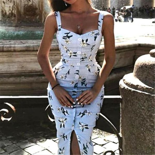 

2020 summer fashion women dresses sleeveless button bodycon floral sundress summer midi dress femme drop shipping, Black;gray