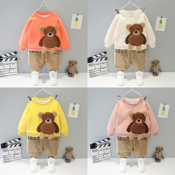 

children autumn winter clothes baby boy girl thicken warm t shirt pants 2pcs/sets kids toddler clothing infant cartoon tracksuit y1107, White