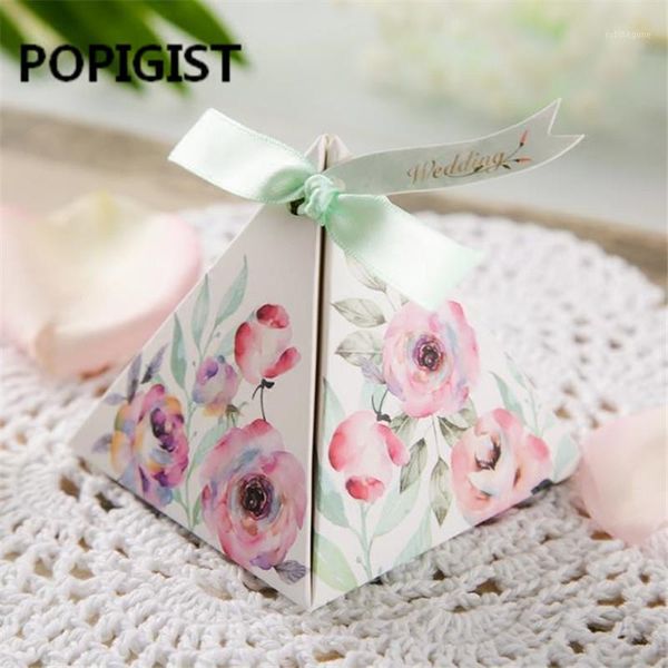 

gift wrap promotional exquisite triangular sweet camellia rose flower wedding favors candy boxes chocolate gifts box+ribbon+tag 1001