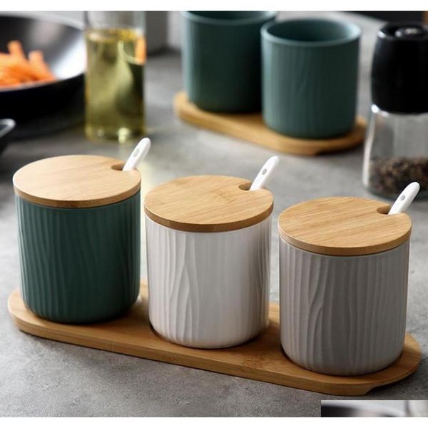 

sugar bowl, ceramic spice jar connt pots with bamboo lid and ceramic spoon fo jlljuz dh_garden