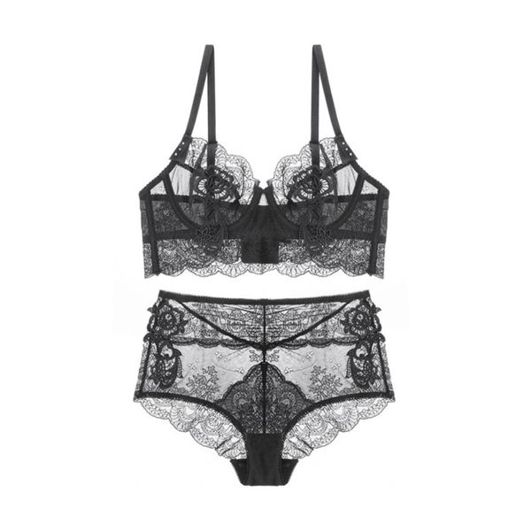 

varsbaby ladies lace embroidery unlined underwear three quarters bra sets c1212, Black;white