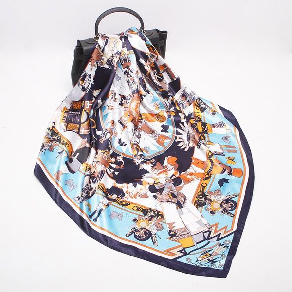 

2021 90x90 myth print multipurpose women silk twill scarf satin square tie hairband ladies foulard femme towel bufanda shawl, Blue;gray