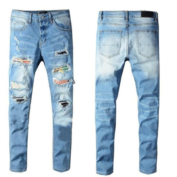 

biker blue jeans autumn solid style slim leg jeans mens jeans pants distressed water diamond zebra stripes size 2840