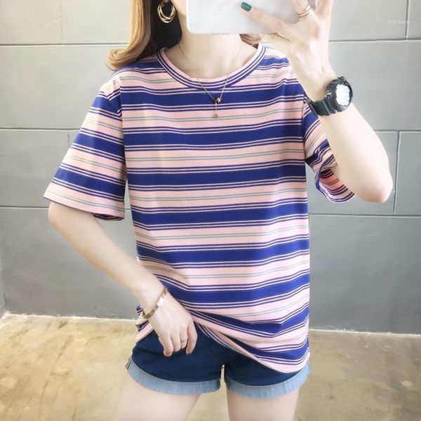 

comfy breathable o neck t shirt fashion casual wild striped summer new short sleeves tee1, White