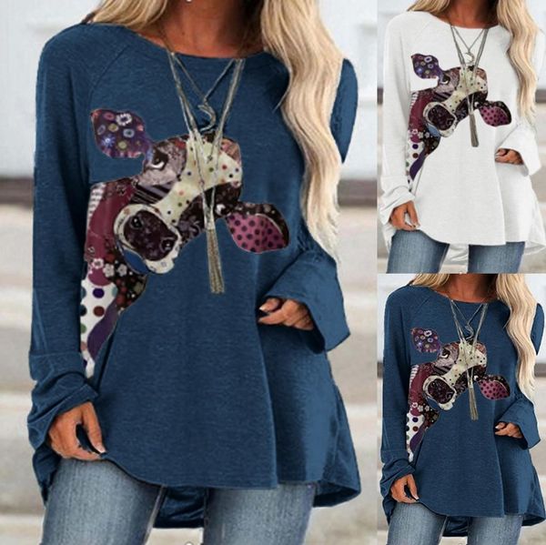 

harajuku t shirt women plus size women 3d printed o-neck t-shirt cow print pullvoer long sleeve shirt ropa mujer, White