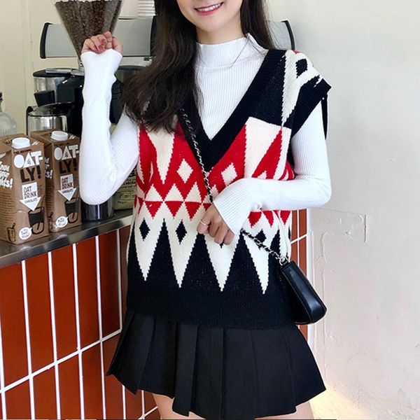 

autumn women 2020 fashion diamond print loose knitted vest sweater v-neck sleeveless simple female waistcoat chic, Black;white