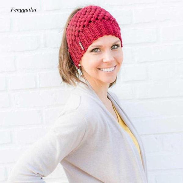 

Women Girls Hat Messy High Bun Stretch Knit Winter Warm Hole Cap Hot, Blue;gray