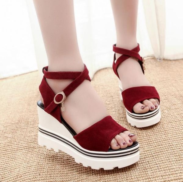 

sandals 2021 summer women mouth wedge roman suede shoes heels, Black