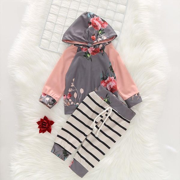 

clothing sets children's 2021 fashion spring autumn hoodie printed flower sweater + striped trousers 2pcs girls clothes1, White