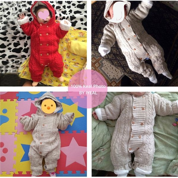 

iyeal thick warm infant baby rompers winter clothes newborn baby boy girl knitted sweater jumpsuit hooded kid toddler outerwear y200320, Blue