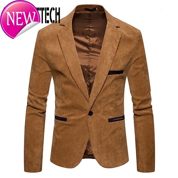 

2020 new brand corduroy blazer men solid slim fit single button dress suits men fashion casual men's suit jackets, Black