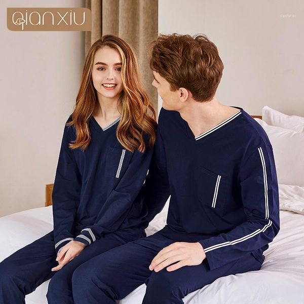 

2019 spring new arrival homewear couples casual loosen pajama sets men cotton sleepwear suit male v-neck collar t shirt +pants1, Black;brown