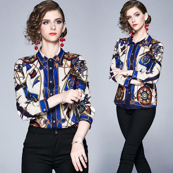 

new spring summer fall runway vintage floral print collar button long sleeve womens ladies party casual shirt blouse, White