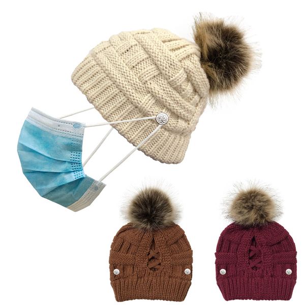

fashion design handmade womens winter knitted cap detachable wool ball hat wear mask button caps for sale, Blue;gray