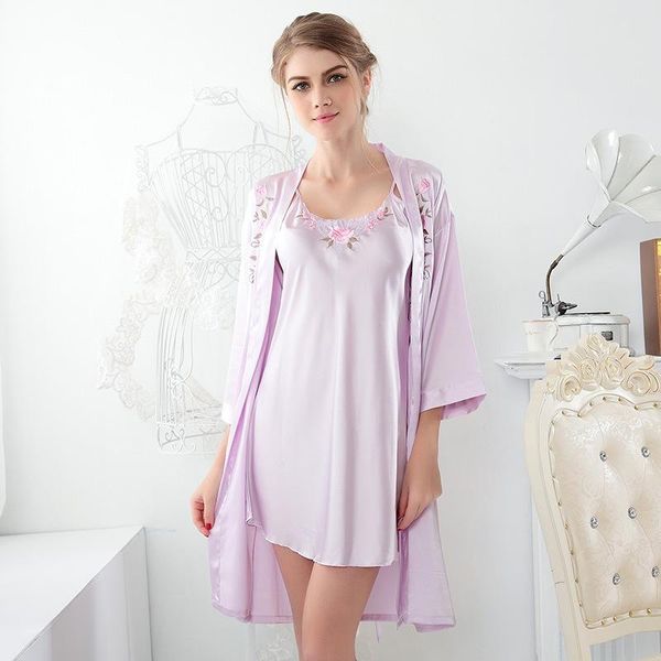 

women's sleepwear 2pc robe sets embroider robes suits summer bathrobes brand nightgown homewear spaghetti strap+robe, Black;red