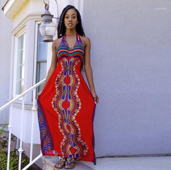 

ethnic clothing 2021 style african totem hd positioning printed halter dress1, Red
