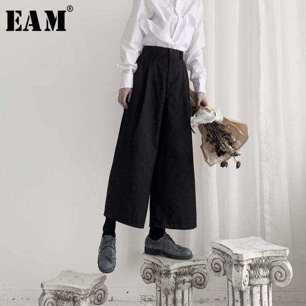 

eam] high waist black brief leisure long wide leg trousers new loose fit pants women fashion tide spring autumn 2020 19a-a551, Black;white