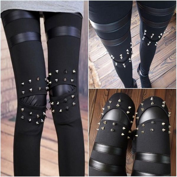 

lady fashion punk rock leggings rivet metal street wear gothic skinny leggings club bar disco pants women pencil bottom clothing, Black;white