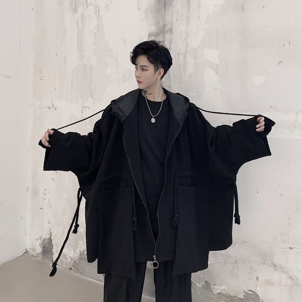 

japanese harajuku style dark niche big pocket bat sleeve hooded windbreaker men's cape silhouette jacket, Tan;black