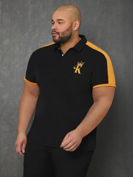 

extended sizes men letter graphic contrast side seam polo shirt 38pe#, White;black