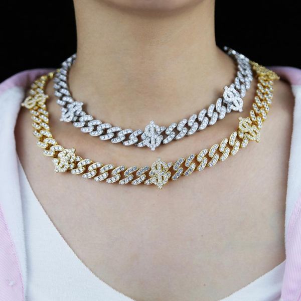 

chokers gold silver color hip hop bling dollar sign choker with 12mm cz cuba chain necklace for women jewelry 2021, Golden;silver