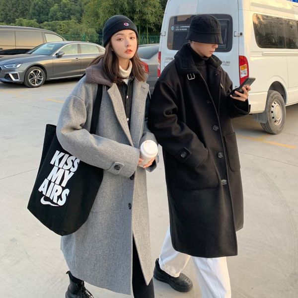 

men's wool & blends winter thick woolen coat warm fashion casual long men loose korean style oversize mens overcoat, Black