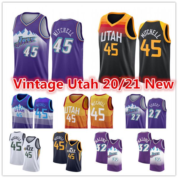 

vintage men's donovan 45 mitchell utah jazz 2021 rudy 27 gobert mike 10 conley john 12 stockton karl 32 malone basketball jerse, Black;red
