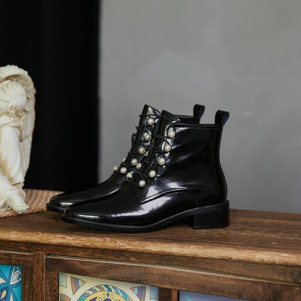 

2021 new autumn winter casual round toe square heel ankle boots cow leather bead elastic band zipper women shoes size 34-39 oz66, Black