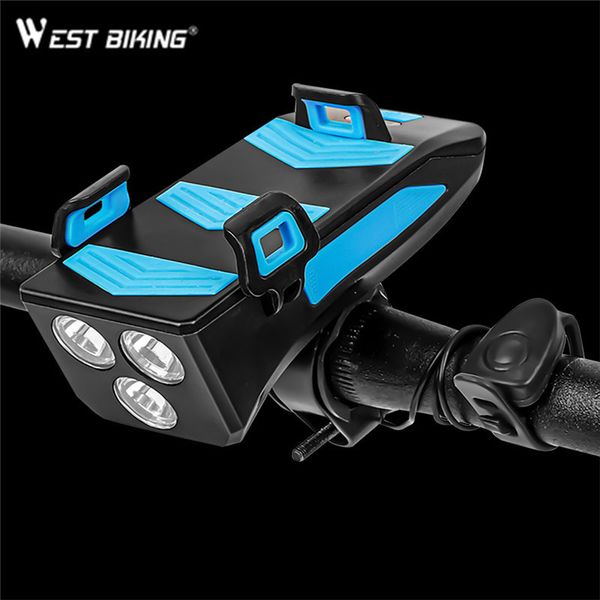 

west biking 4 in 1 front light multi-function led alarm bell bike accessories phone holder power bank horn bike lamp
